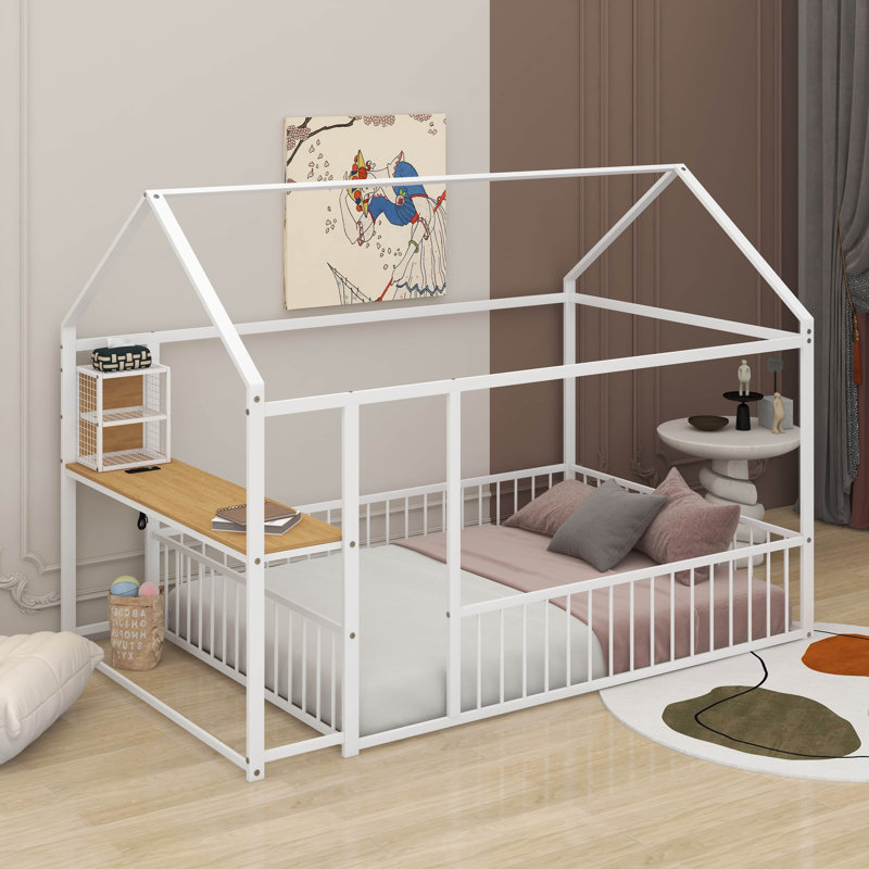 Structure de lit en métal avec bureau, Lit double, Blanc