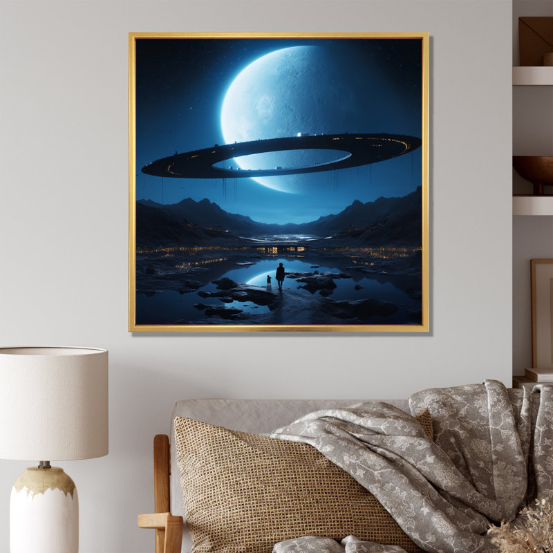 Blue The Moon Is The Blue II - Fantasy Wall Art Living Room, H 16 po x l 16 po x P 1 po, Cadre flottant doré