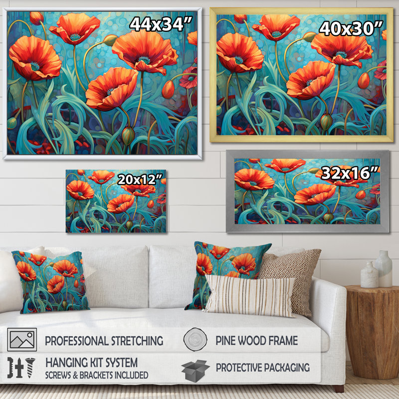 Coquelicots corail et turquoise dansant avec des pétales, Cadre flottant doré, H 12 po x l 20 po
