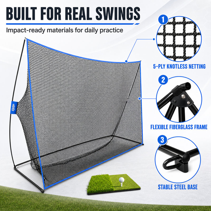 YUNIC Filet d'entraînement de golf de 10 pi x 7 pi avec double tapis de gazon, balles de golf et tés, terrain d'entraînement portable portatif pour l'entraînement de balançoire dans la cour arrière, intérieur et extérieur