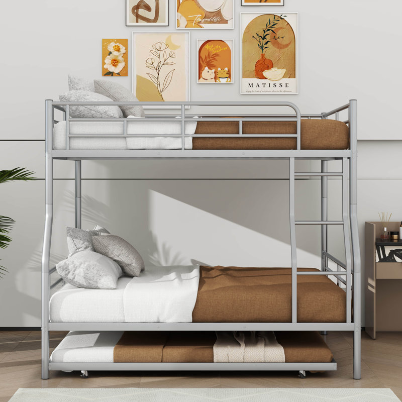 Full XL Over Queen-Sized Metal Bunk Bed With An Underbed Trundle, Silver