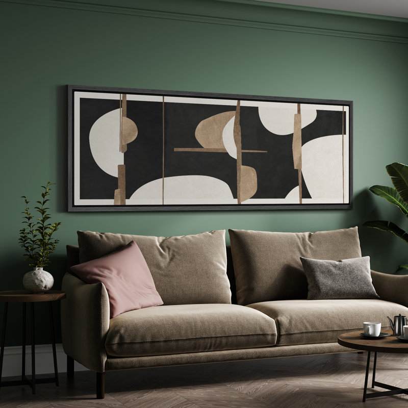 Abstrait géométrique, formes minimalistes, noir et brun, accents modernes, H 20 po x l 60 po, Noir, noir, noir, noir