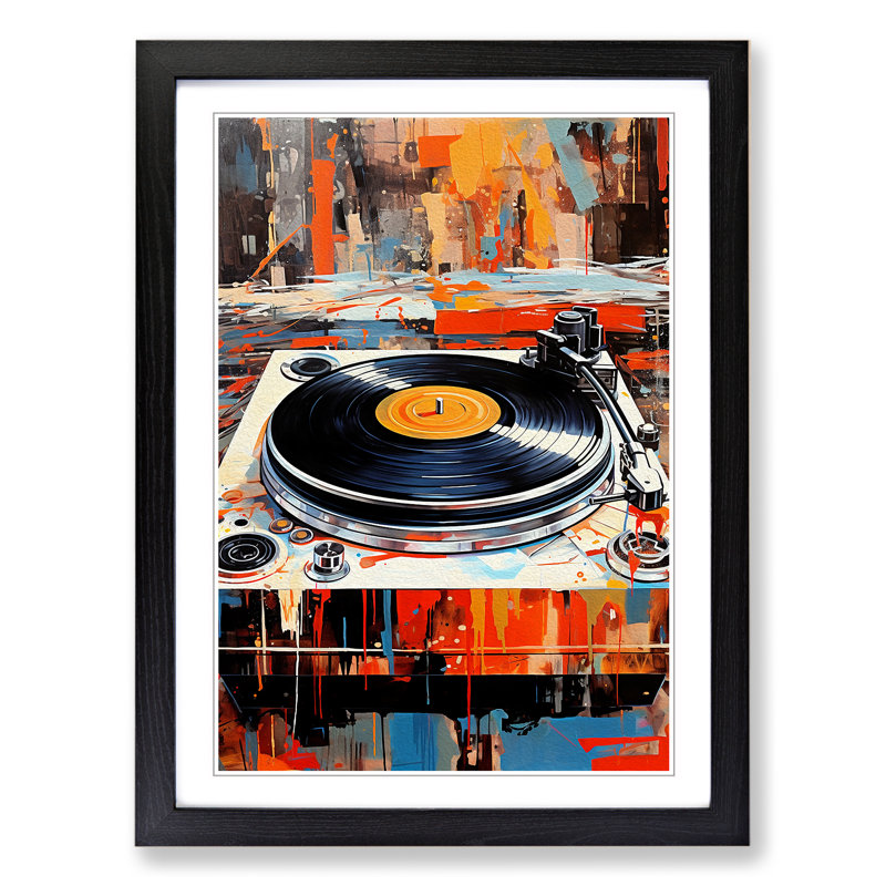 XYZ-FRM-V1223-5425 Record Player Informel - Single Picture Frame Print on Wood, 34cm H x 25cm W x 2cm D, Black