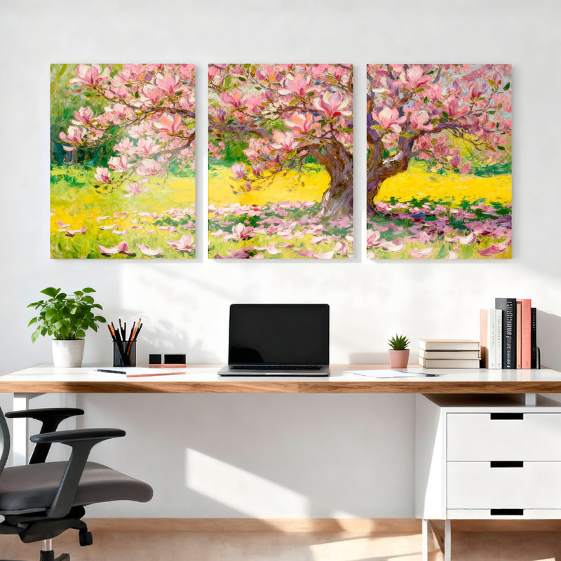 Ensemble de 3 tableaux muraux sur toile à motif floral printanier représentant un cerisier en fleurs, H 18 po x l 36 po