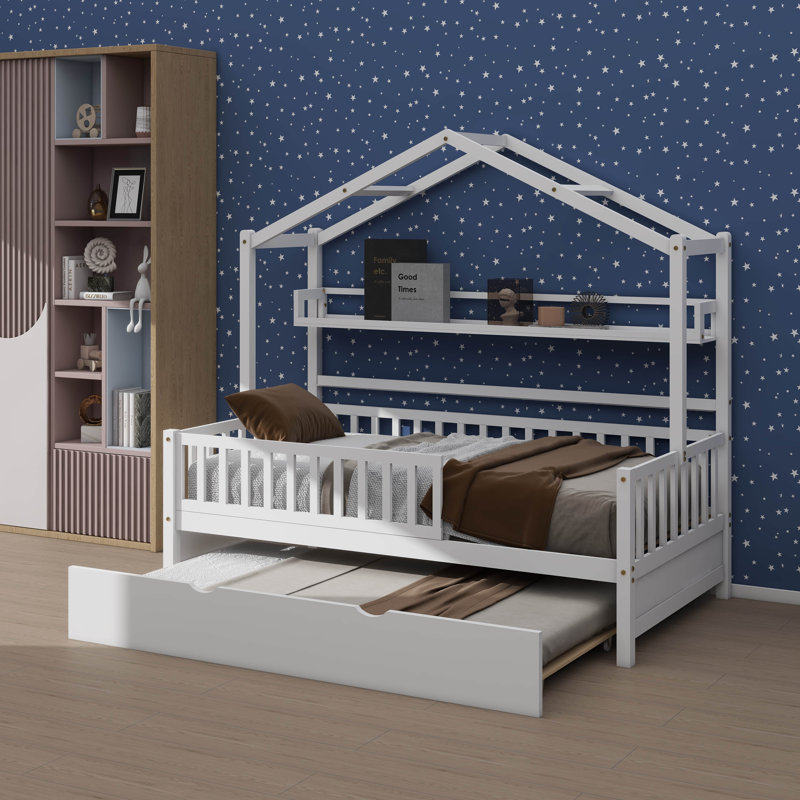 Lit simple en bois avec lit gigogne et tablette intégrée pour enfants, Simple