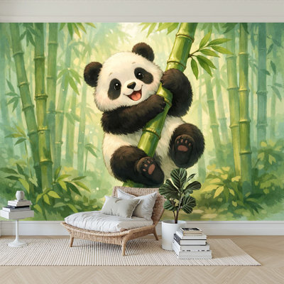 Peel and Stick Wallpaper 144" W x 100" H Modern Self Adhesive Wall Mural for Bedroom - With Cute Panda Playing Among Green Bamboo Forest Print