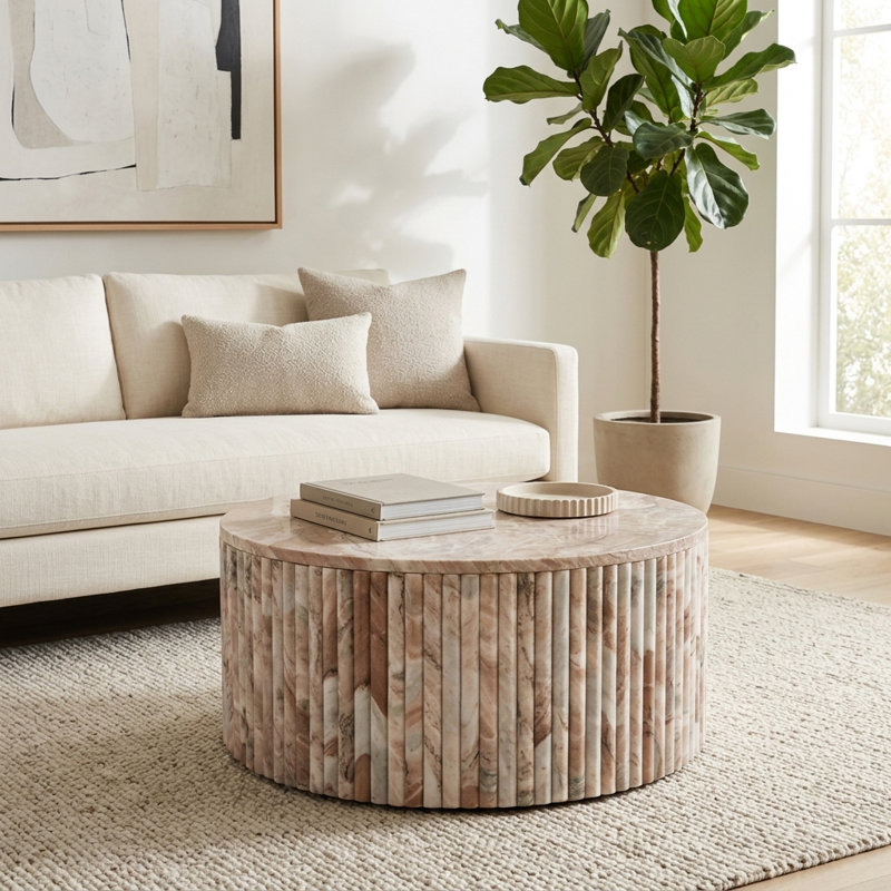 Table basse ronde sculpturale en marbre, idéale comme centre de table dans le salon - Modèle moderne cannelé avec base texturée en marbre naturel - 81 cm, marron et blanc