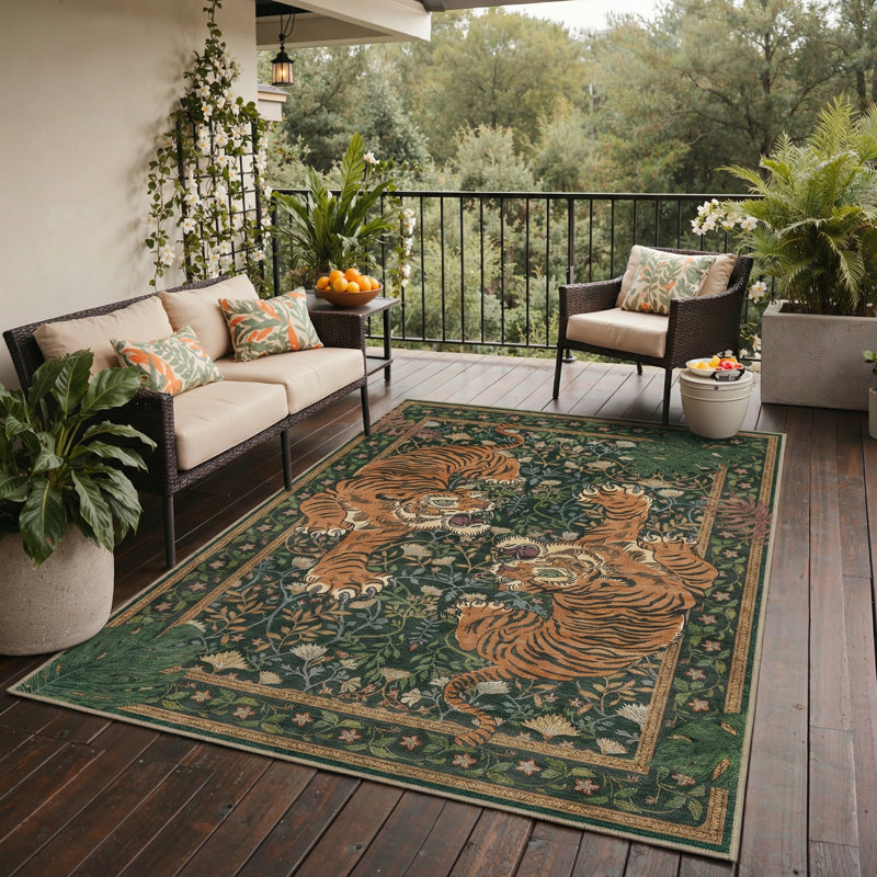 Vintage Machine Washable Fighting Tigers / Forest Green Indoor Area Rug With Non-Slip Backing, Round 5'