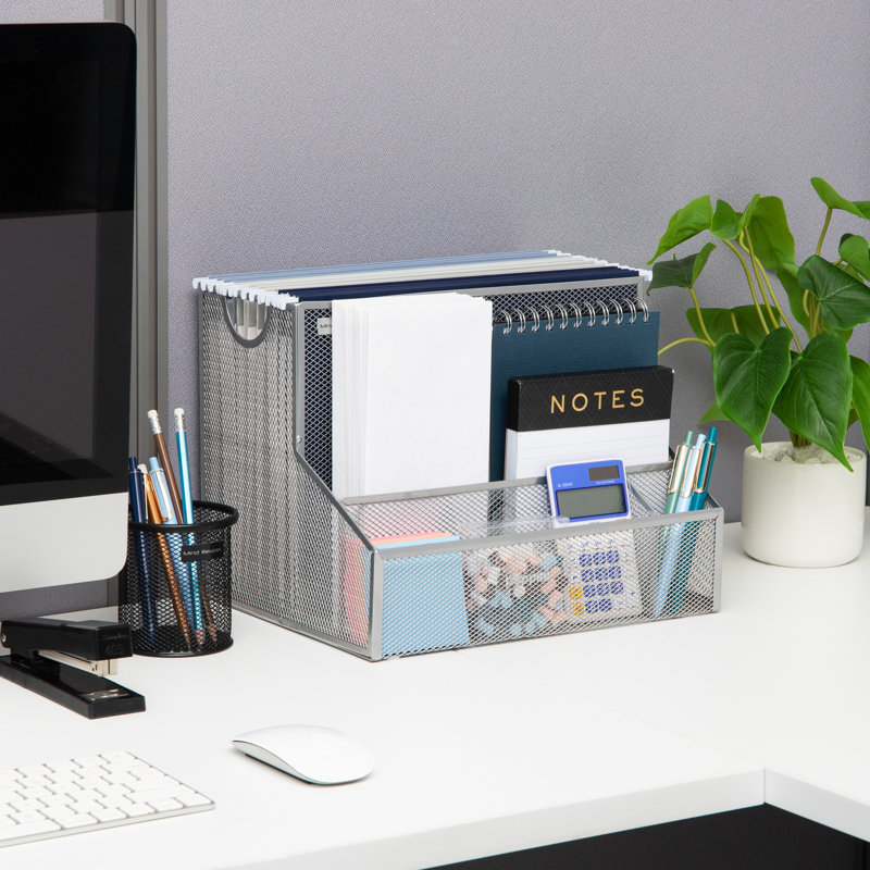 Silver Metal Mesh Desktop Organizer with Vertical File Storage