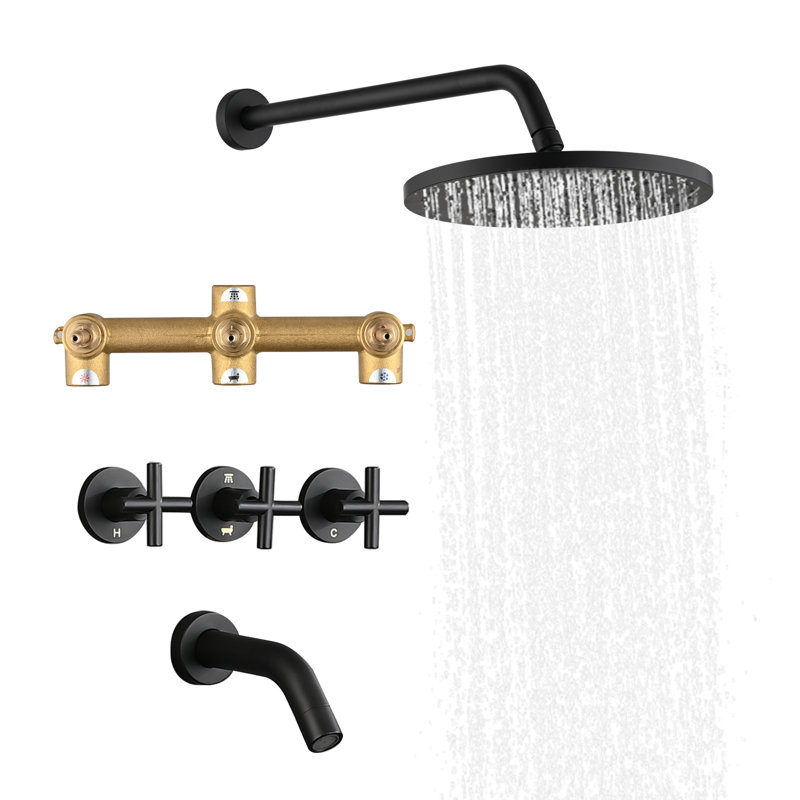 Robinet de baignoire et de douche à trois poignées avec valve brute, Noir mat