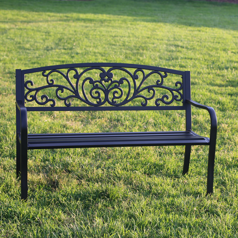 Black Metal Outdoor Garden Bench with Ornate Backrest