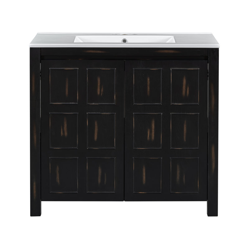 Organisateur de meuble-lavabo 36 po avec lavabo en céramique, ensemble d'armoire de rangement, espresso rétro (ancien SKU: SV000004AAE-2)