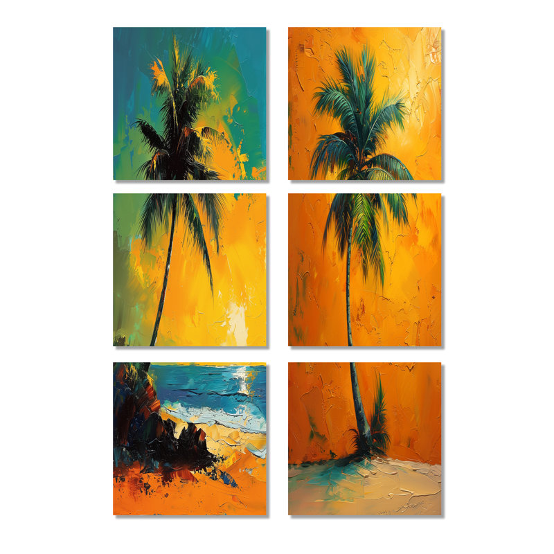 Green Palm Trees Vibrant Palm Grove - Ensemble de 6 décorations murales palmiers et palmiers, Toile tendue, Ne s’applique pas