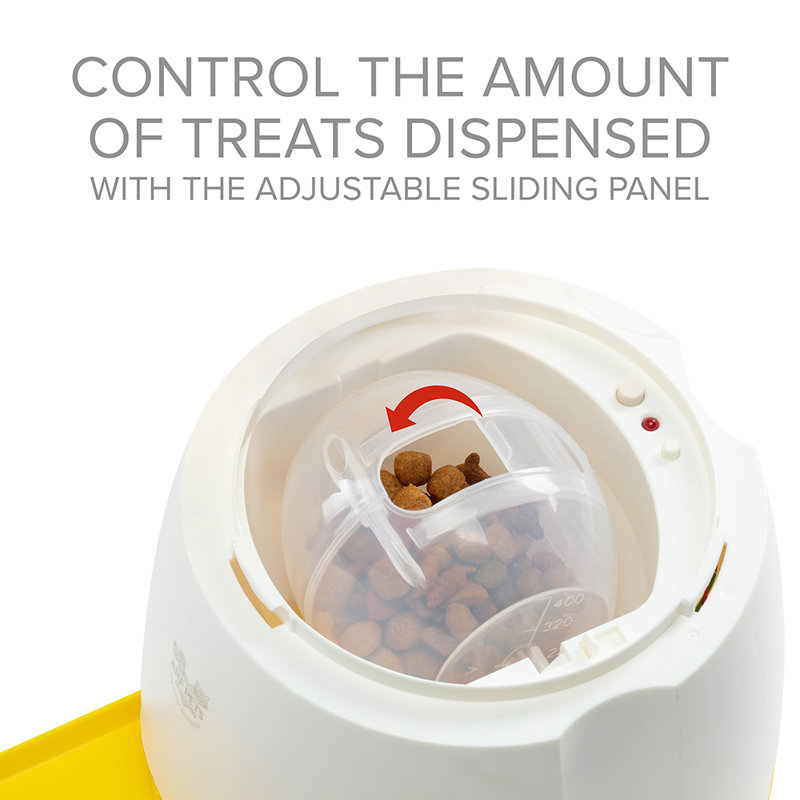 Yellow and White Dog Treat Dispenser with Remote Button