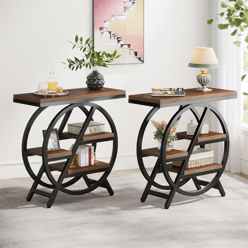 Table de bout 25,59 pouces à 3 niveaux avec rangement - Table d'appoint en bois d'ingénierie avec cadre noir
