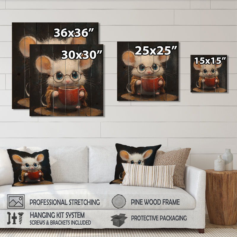 Drôle de lapin ayant un thé I - Décoration murale animal en bois de souris - sur bois de pin naturel