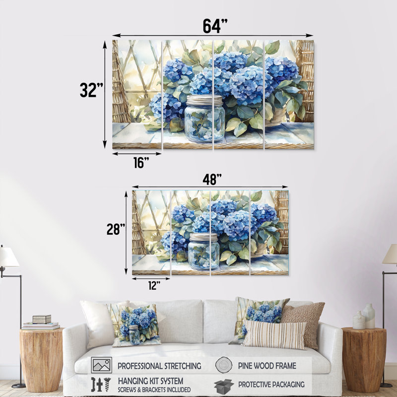 Hortensias et eucalyptus II - décoration murale hortensia - art mural traditionnel, H 28 po x l 48 po, 4
