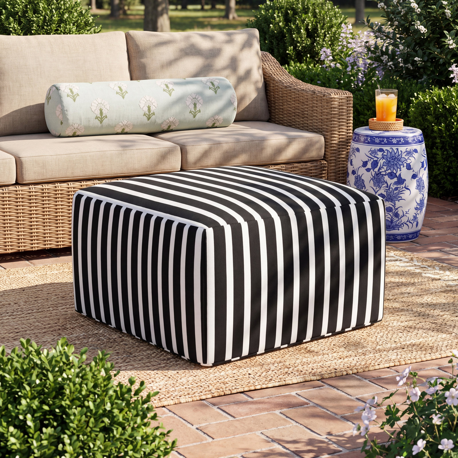 Eliana Sunbrella® Patio Ottoman, Shore Classic Black Stripe Sunbrella®