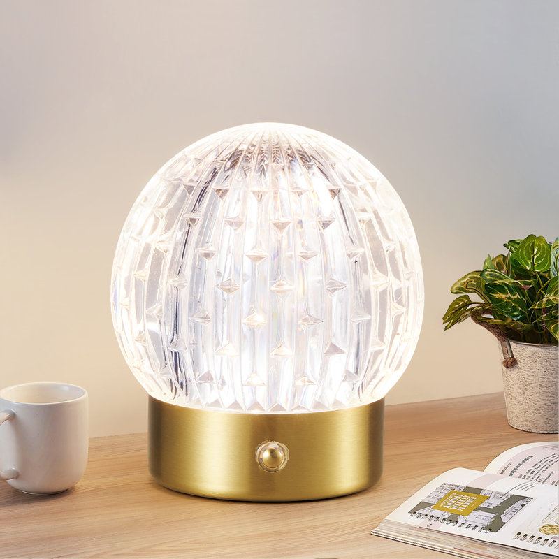 Rechargeable LED Table Lamp, Small Battery Powered, Touch Operated Desk Lamp, Globe Shade, Gold