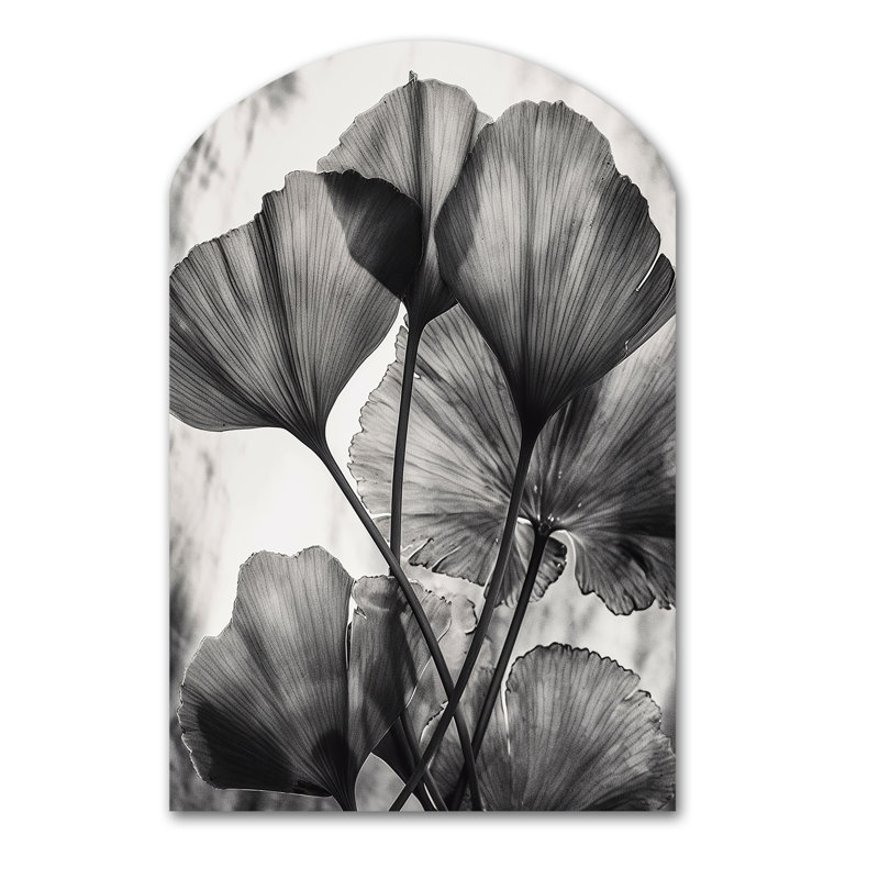 «Tropical Ginkgo Leaves II - Leaves Arch», impression murale en métal, décoration murale asymétrique en métal gris