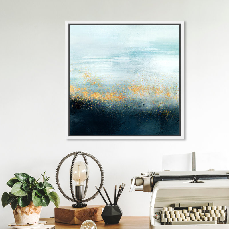 Reproduction d'art sur toile bleu doré, poudre dorée sur brume, éclaboussure d'océan moderne pour le salon, Cadre blanc blanc