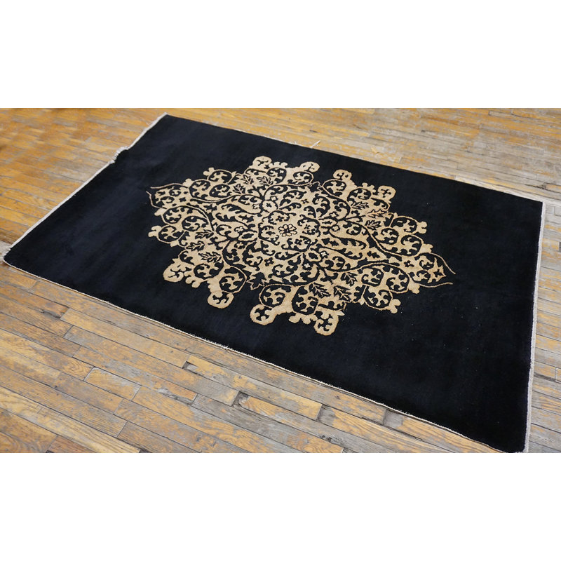 1920s Hand Knotted Pile Antique Rectangle Wool Black Floral Medallion Rug