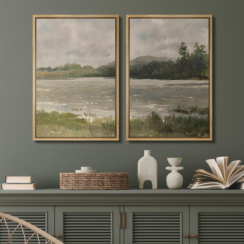 «Quiet Lakeside Morning Peaceful Nature Scene», 2 pièces sur toile, H 24 po x l 32 po, Naturel