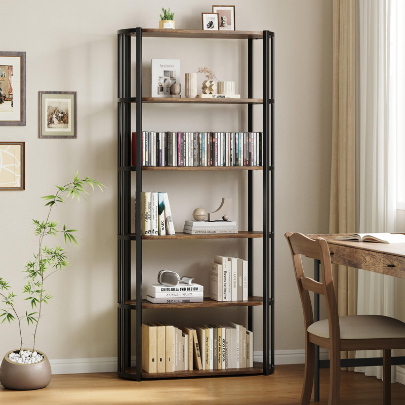 71 Inch Tall Bookshelf, 6 Tier Industrial Bookcase with Heavy Duty Metal Frame, Slim Farmhouse Storage Shelves, Brown
