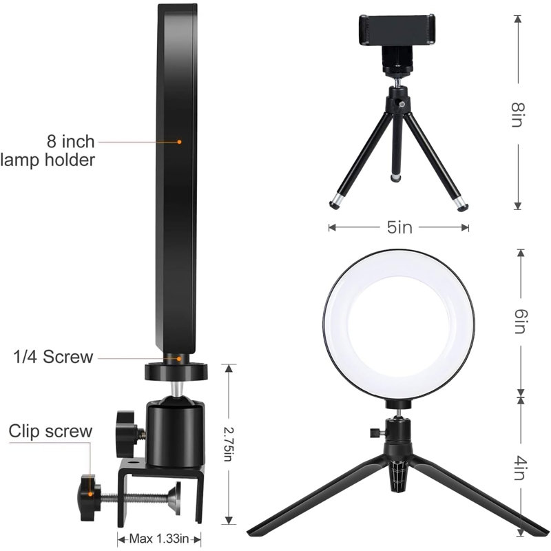 Anneau lumineux 6 po 2-en-1 à DEL avec support pour trépied et support pour téléphone, 3 modes d'éclairage et 11 niveaux de luminosité pour les vidéos, le maquillage, la photographie et la diffusion en direct sur YouTube