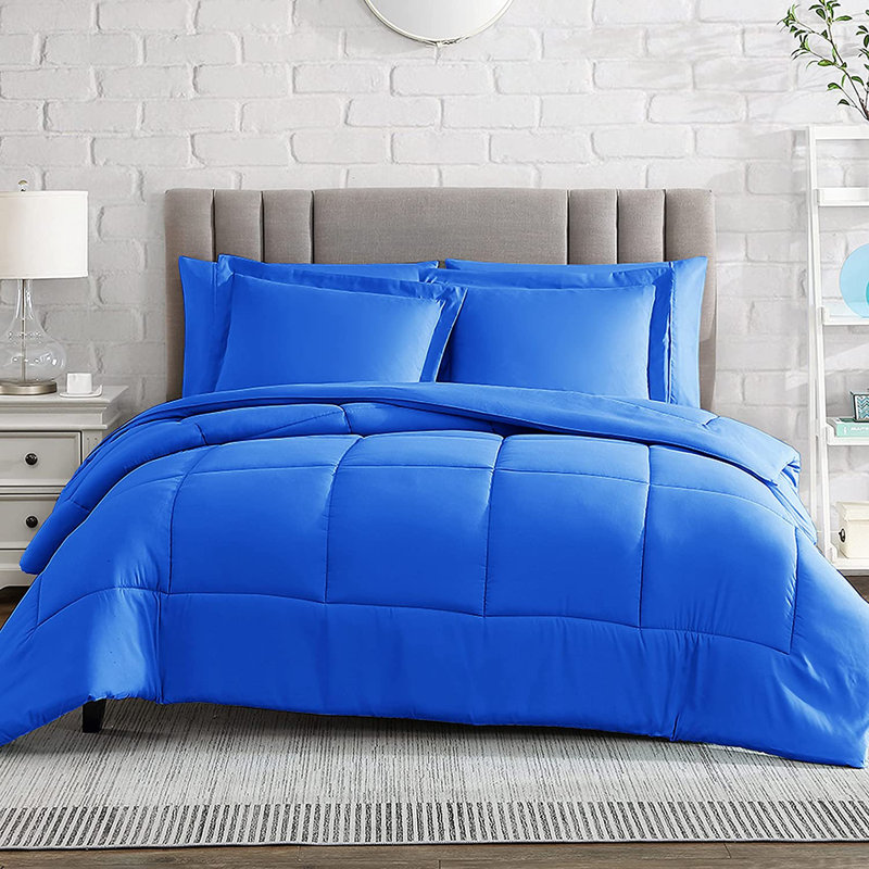 Box Stitch Comforter, Blue, King Comforter + 2 King Shams