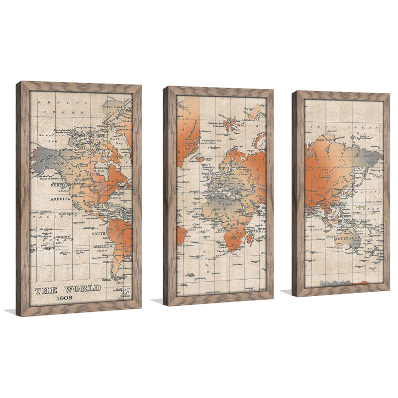 «Carte du monde», reproduction sur acrylique 3 pièces, H 33,5 po x l 52,5 po x P 1 po