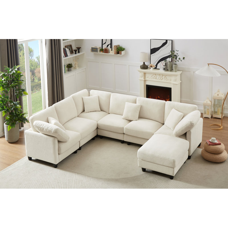 Modular Sectional Sofa, Convertible Sofa Couch Modular Sofa With Ottoman, White Chenille