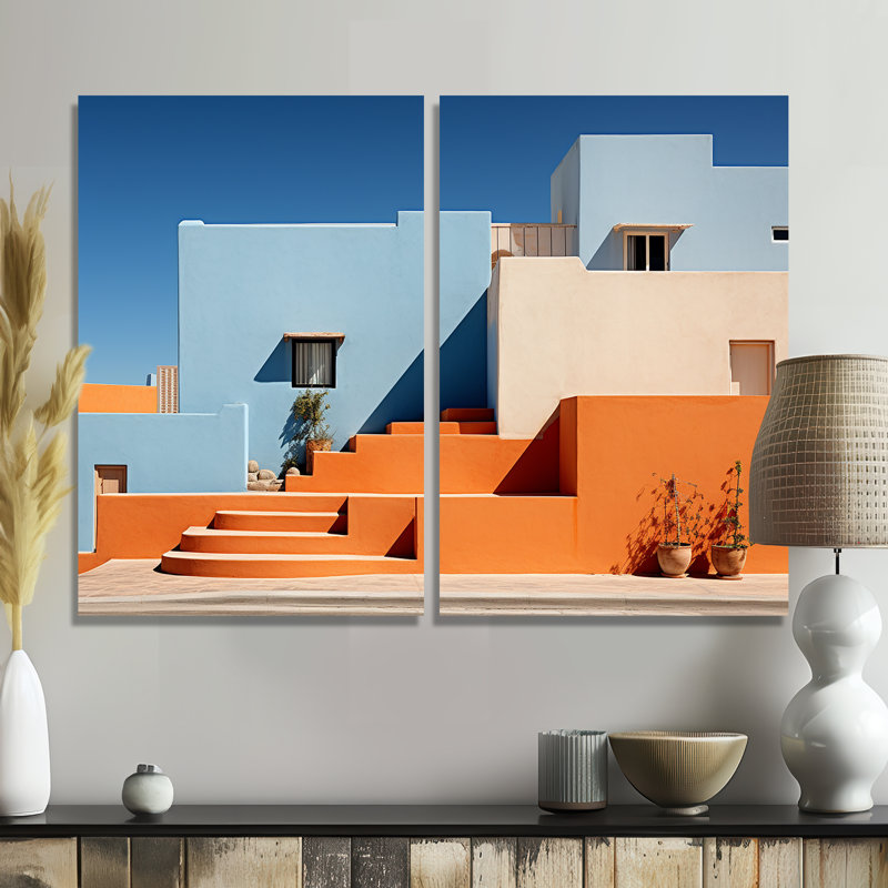 Paysage, architecture et vibrations I - art mural orange, Toile tendue, Ne s’applique pas, H 36 po x l 48 po