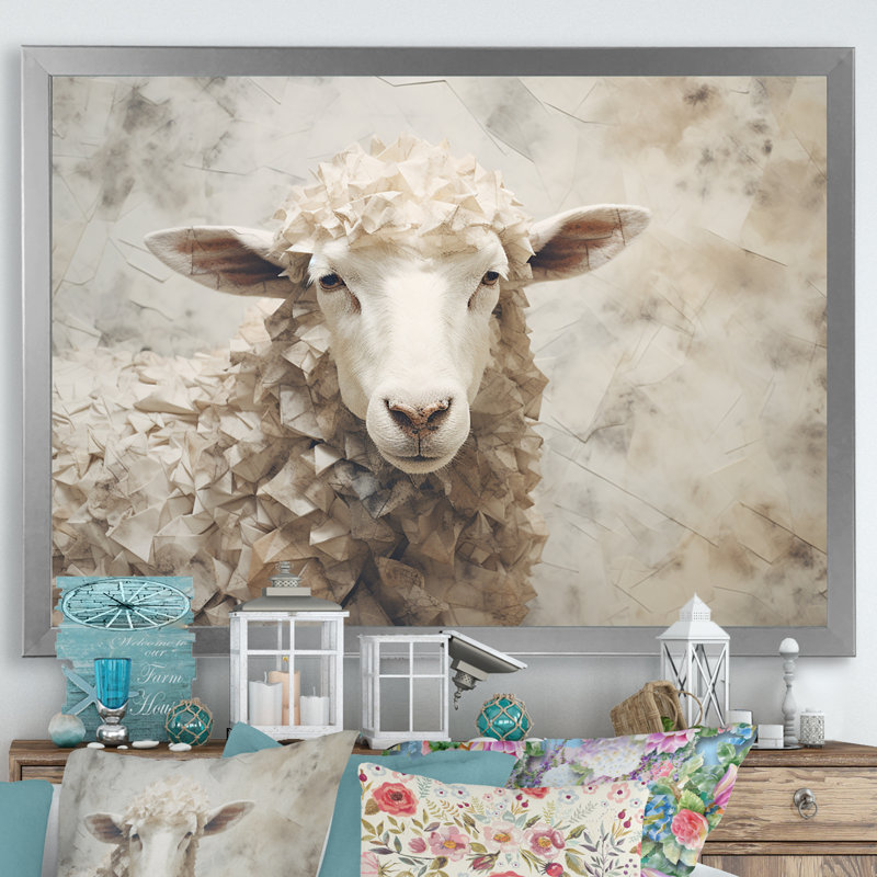 Cozy beige minimalisme mouton IV sur toile, Cadre simple argenté, H 30 po x l 40 po x P 1,5 po
