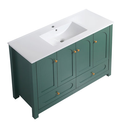 Ensemble de meuble-lavabo 48 po avec lavabo en céramique, armoire de rangement abondante, 4 portes à fermeture en douceur et 2 tiroirs