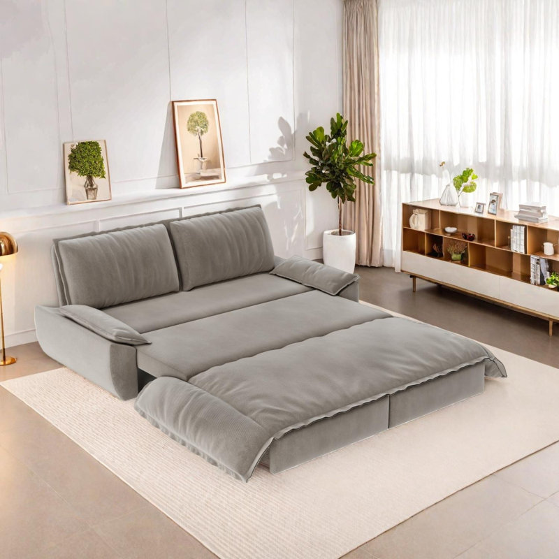 Causeuse convertible 3 en 1 de 73,2 po en velours pour grand lit avec méridienne coulissante, Gris