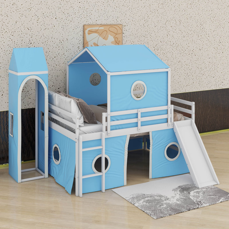 Lit mezzanine double avec tour, Bleu