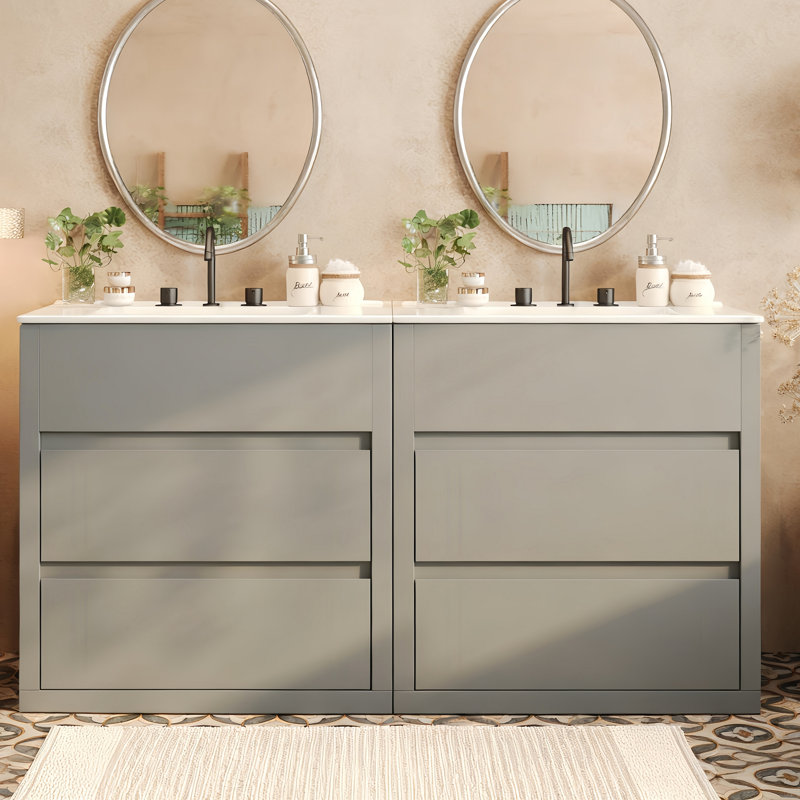 Ensemble de meuble-lavabo double 60 po, armoire de salle de bain avec deux lavabos en céramique séparés, tiroirs pleine extension et glissières de tiroir encastrées à fermeture en douceur