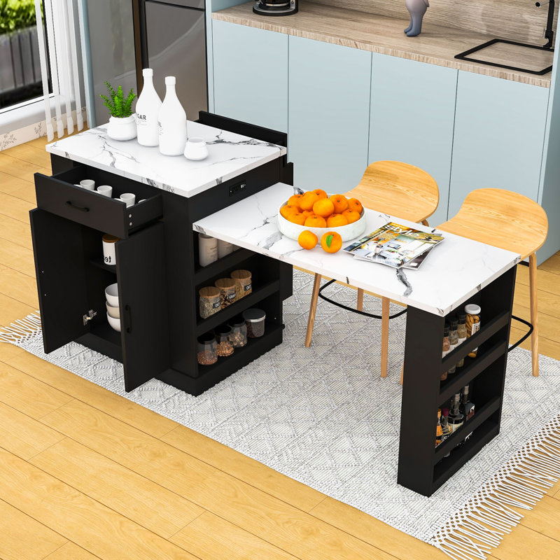 Extendable Kitchen Island with Drawers, Double-Door Cabinet, Open Shelving and Telescoping Countertop, Black