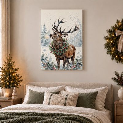 Cerf avec une couronne de pin dans une forêt d'hiver enneigée, art mural sur toile