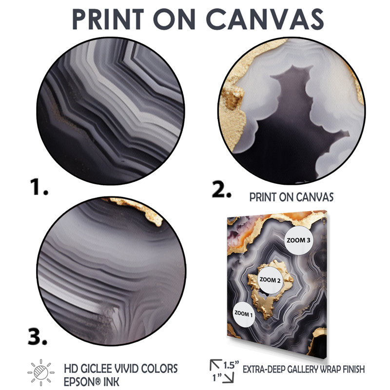 Décoration murale opulente agate glam or noir I, Toile tendue, H 32 po x l 16 po
