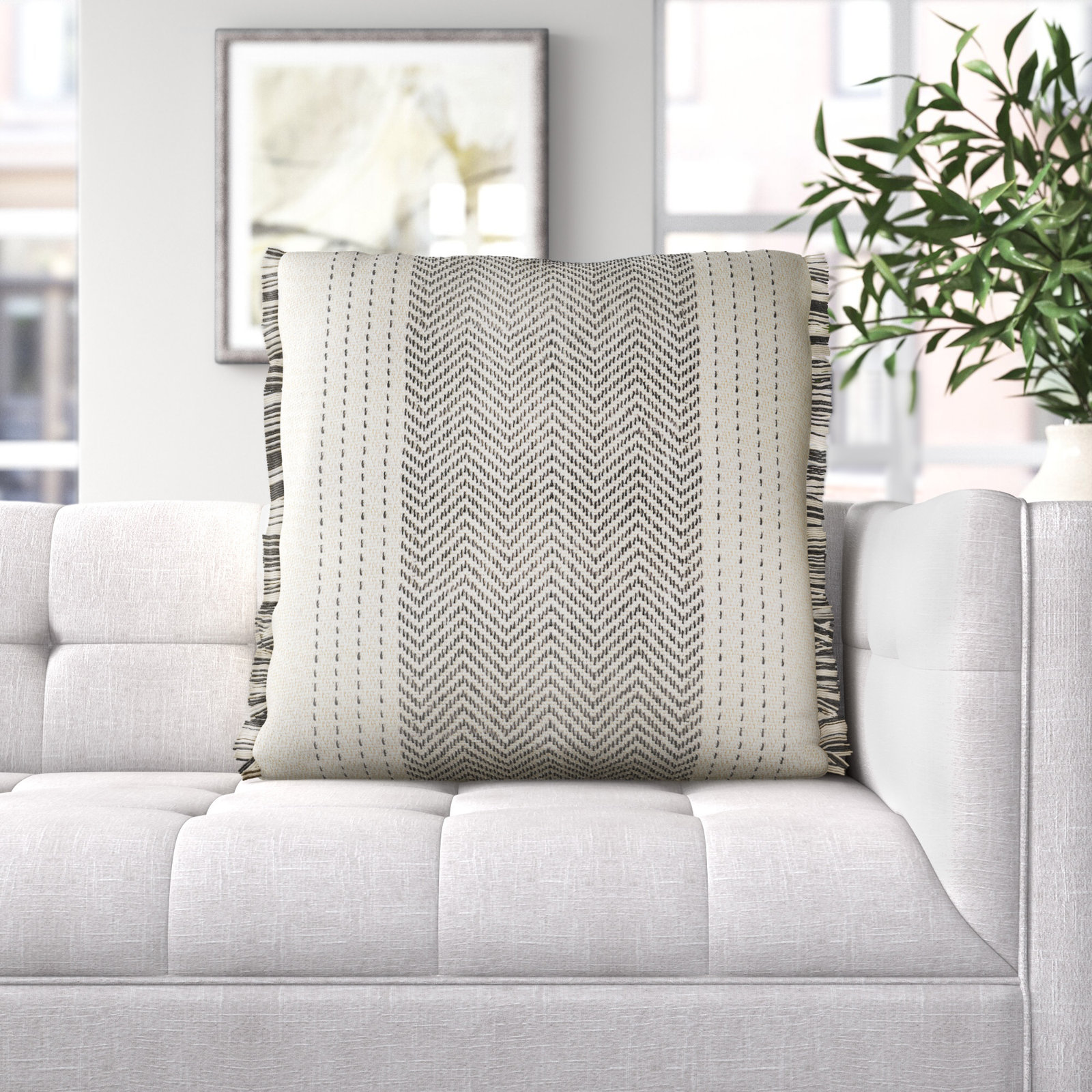 Carey Fringed Cotton Throw Pillow, Polyester/Polyfill, Gray/Ivory