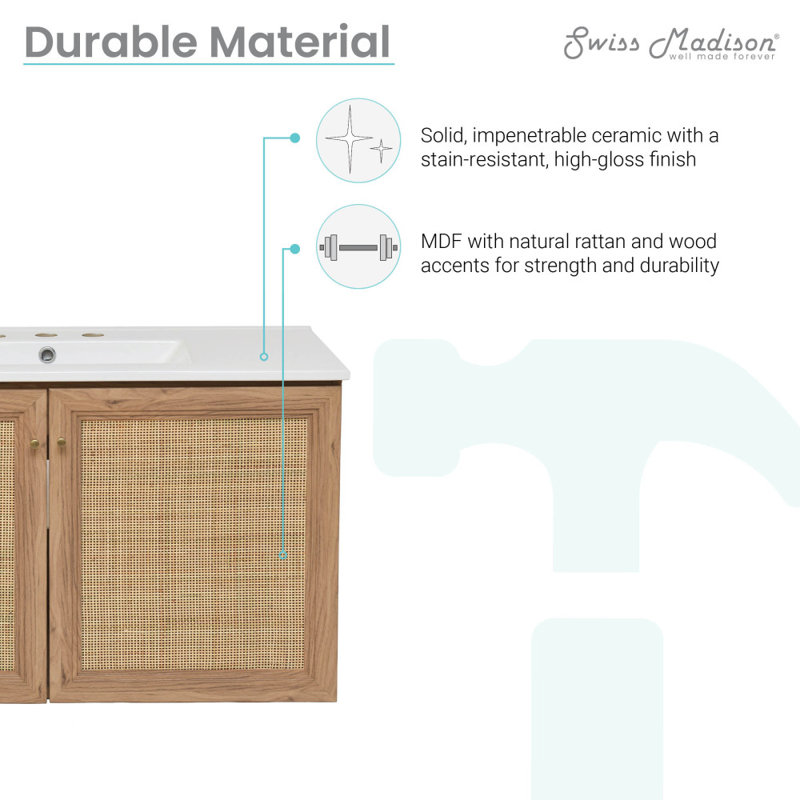 Classe 36" Wall-Mounted Bathroom Vanity in Oak, White Sink, Widespread