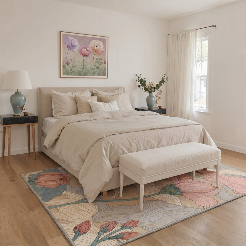 Botanique Floral Machine Washable Beige / Pink / Blue / Green Indoor Area Rug with Non-Slip Backing, Rectangle 8' x 10'