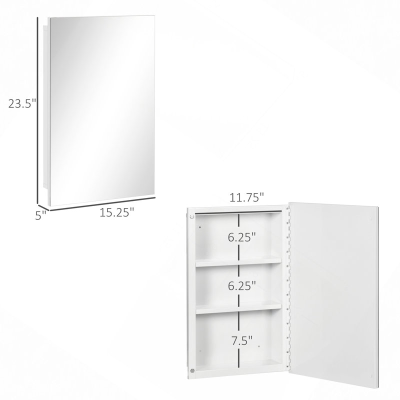 Armoire à pharmacie encastrée avec miroir, armoire de salle de bain à fixation murale avec porte simple et tablettes de rangement, blanc