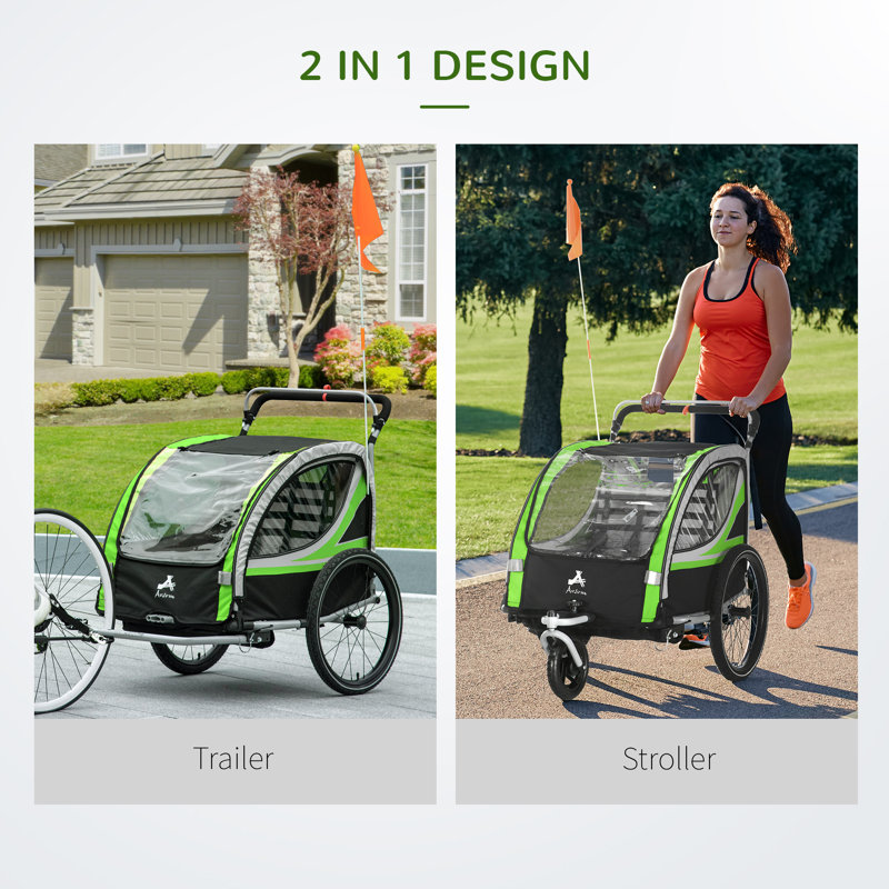 Green Foldable 2-in-1 Child Bike Trailer Stroller