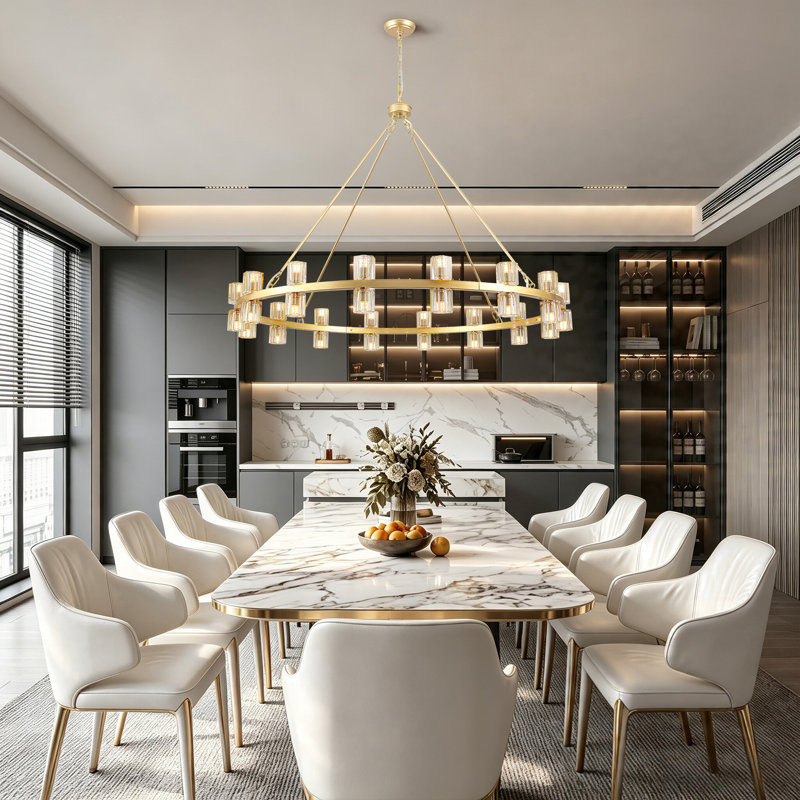 32 - Light 49.21" Large Dimmable Round Crystal Cup Style Wagon Wheel Chandelier For Dining Room Living Room, Gold