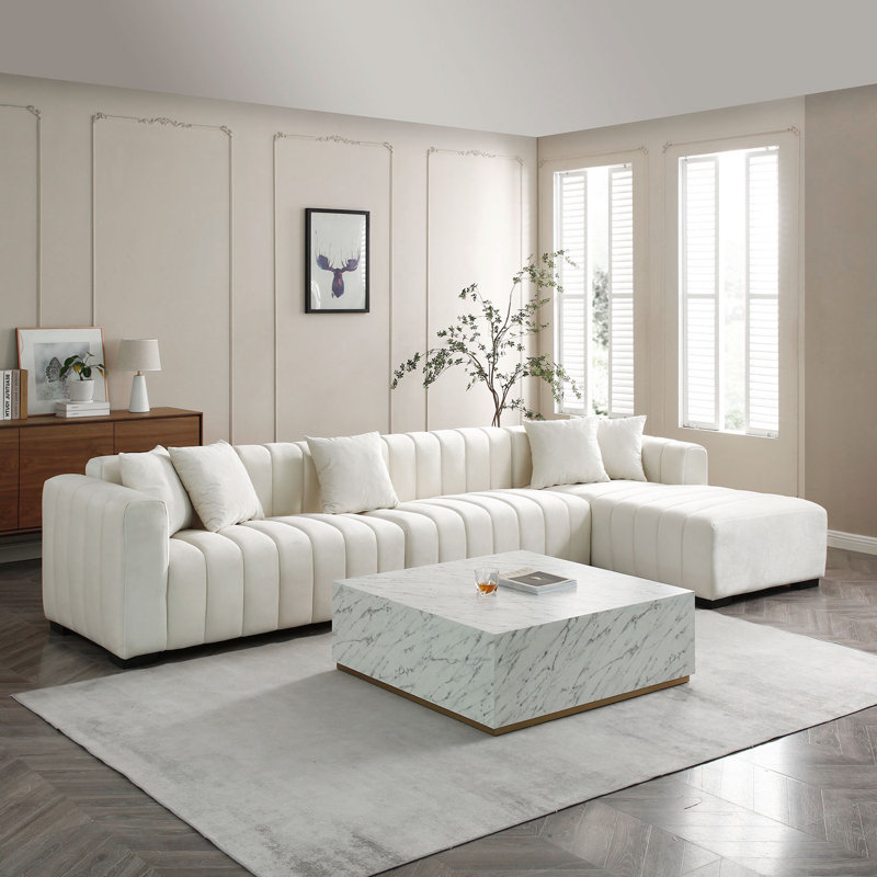 138.97" Wide Velvet Modular Sectional Sofa, White Velvet, Right Hand Facing