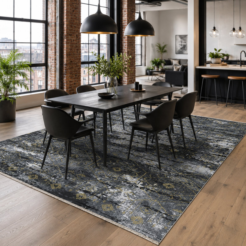 Netline Home Balanced Linework Charcoal Grey Modern Washable Rug, 155 x 230 cm