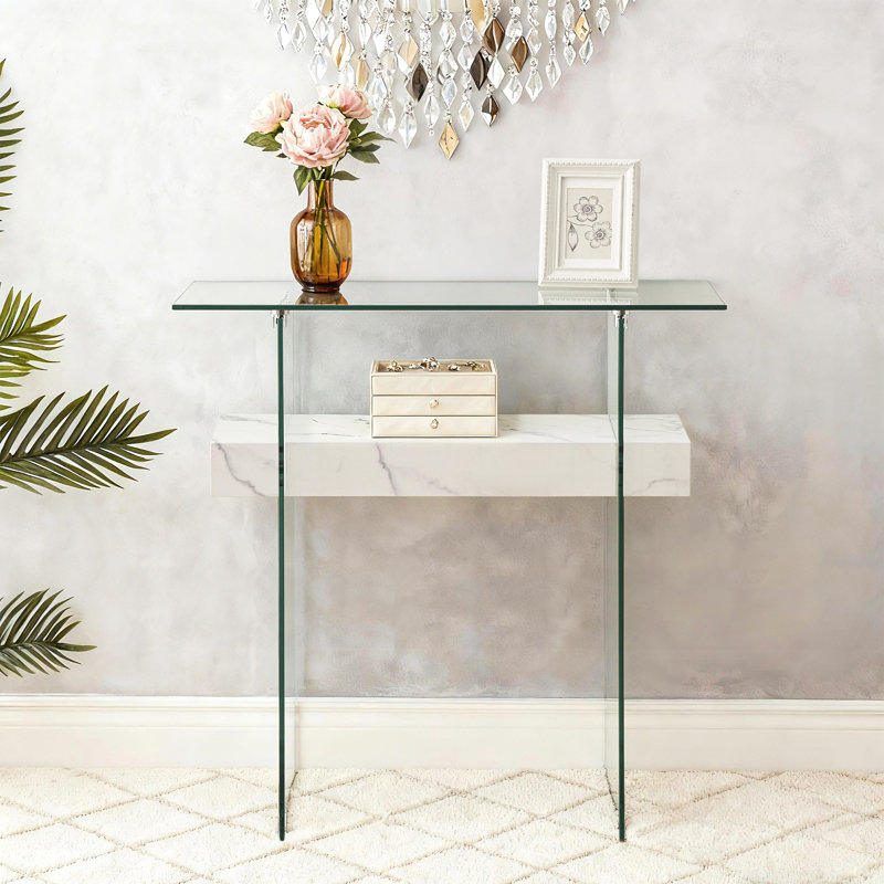 Console en verre trempé avec tablette, Marbre blanc, H 31,5 po x l 31,5 po x P 13,8 po